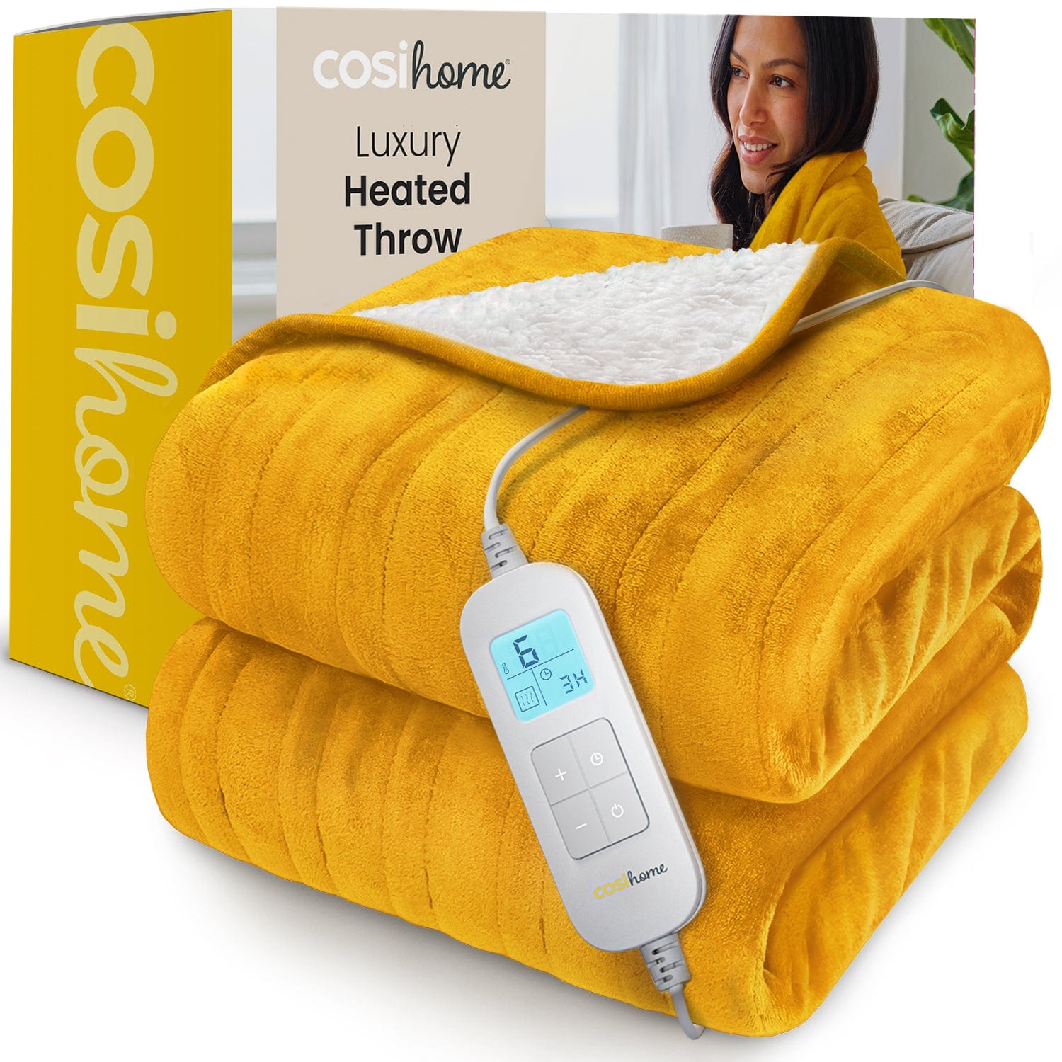 Fleece & Sherpa Electric Heated Throw - mustard